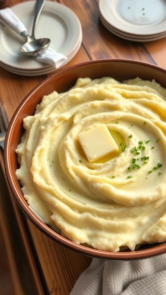 A large bowl of creamy mashed potatoes with melted butter and chives, ready to serve.